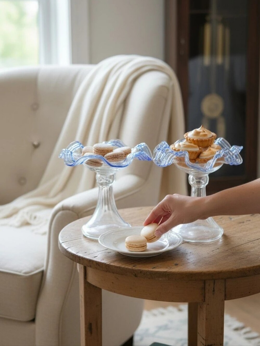 Ruffled Crimped Edge Hand Blown Mid Century Pedestal Bowls Compote Or Tazza